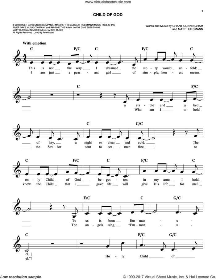 Child Of God sheet music for voice and other instruments (fake book) by Amy Grant, Grant Cunningham and Matt Huesmann, easy skill level