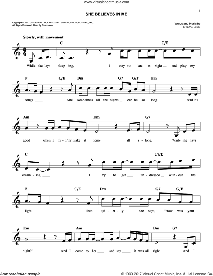She Believes In Me sheet music for voice and other instruments (fake book) by Kenny Rogers and Steve Gibb, easy skill level