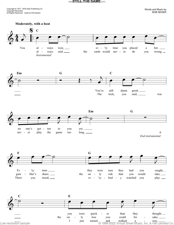 Still The Same sheet music for voice and other instruments (fake book) by Bob Seger, easy skill level