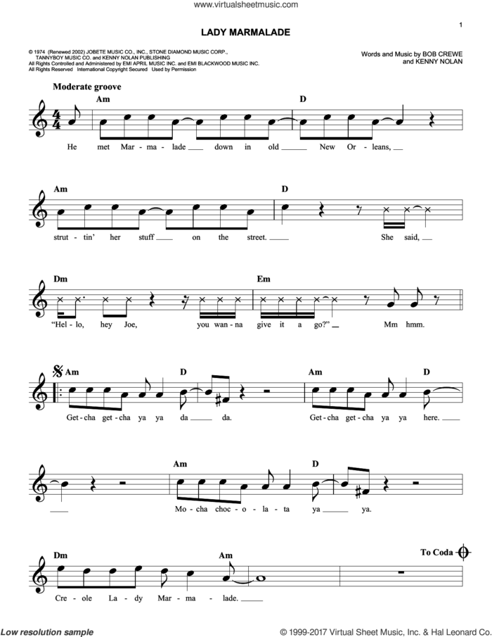 Lady Marmalade sheet music for voice and other instruments (fake book) by Patti LaBelle, Kenny Nolan and Robert Crew, easy skill level