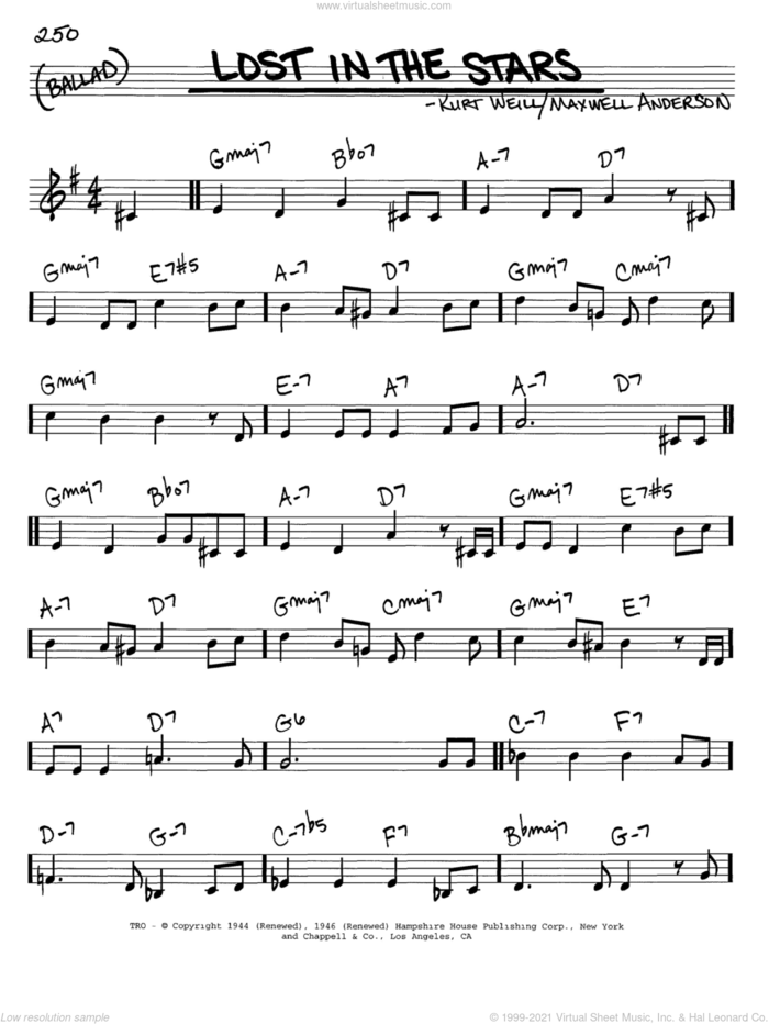 Lost In The Stars sheet music for voice and other instruments (in C) by Kurt Weill and Maxwell Anderson, intermediate skill level