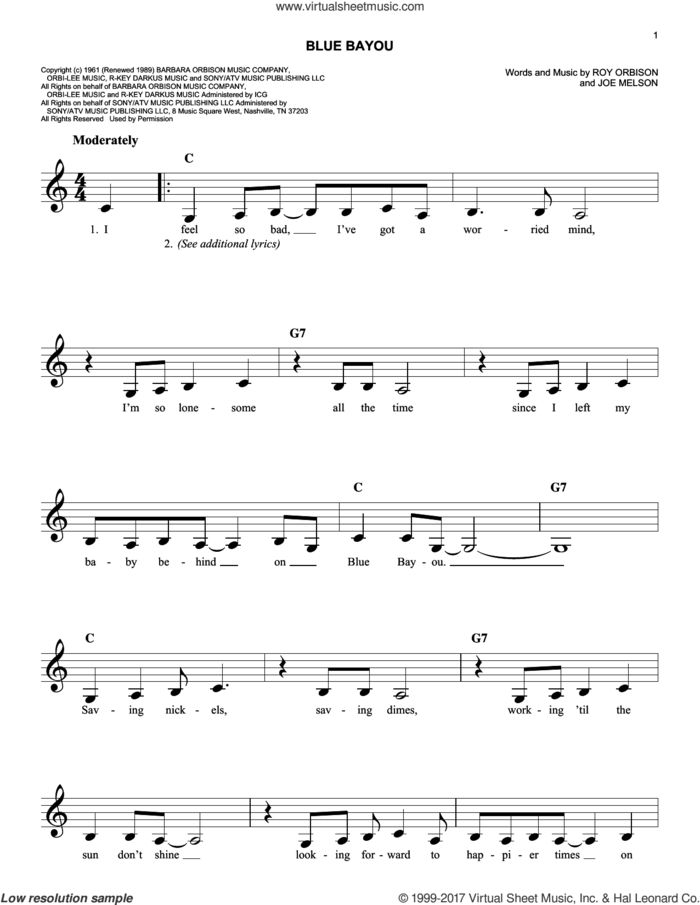 Blue Bayou sheet music for voice and other instruments (fake book) by Roy Orbison, Linda Ronstadt and Joe Melson, easy skill level