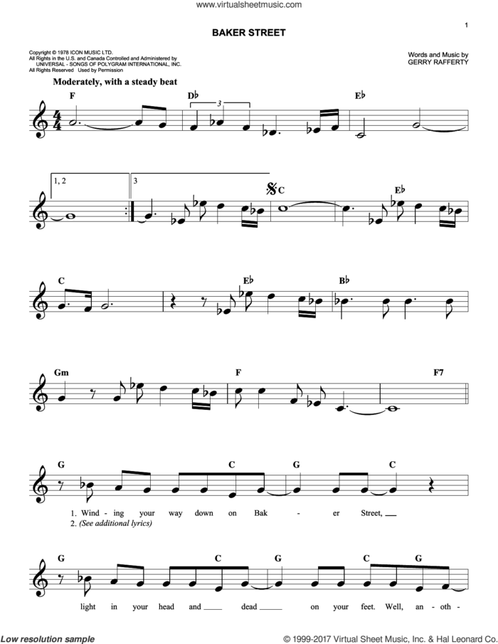 Baker Street sheet music for voice and other instruments (fake book) by Foo Fighters and Gerry Rafferty, easy skill level
