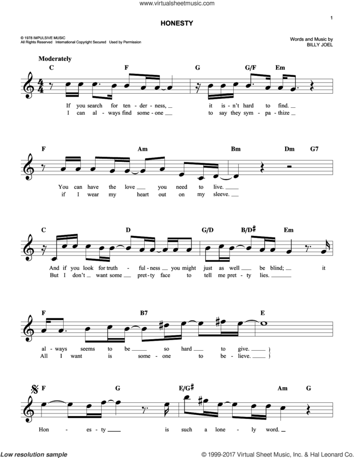Honesty sheet music for voice and other instruments (fake book) by Billy Joel, easy skill level