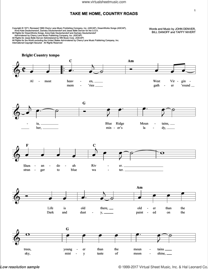 Take Me Home, Country Roads sheet music for voice and other instruments (fake book) by John Denver, Bill Danoff and Taffy Nivert, easy skill level
