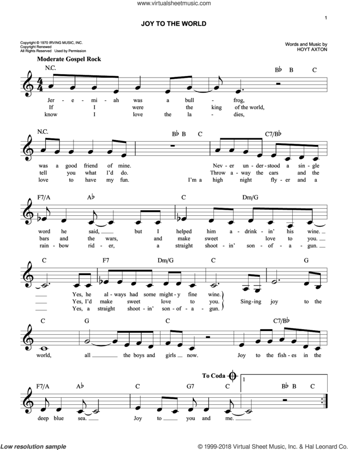 Joy To The World sheet music for voice and other instruments (fake book) by Three Dog Night and Hoyt Axton, intermediate skill level