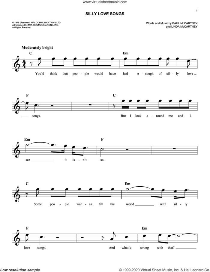 Silly Love Songs sheet music for voice and other instruments (fake book) by Wings, Linda McCartney and Paul McCartney, easy skill level