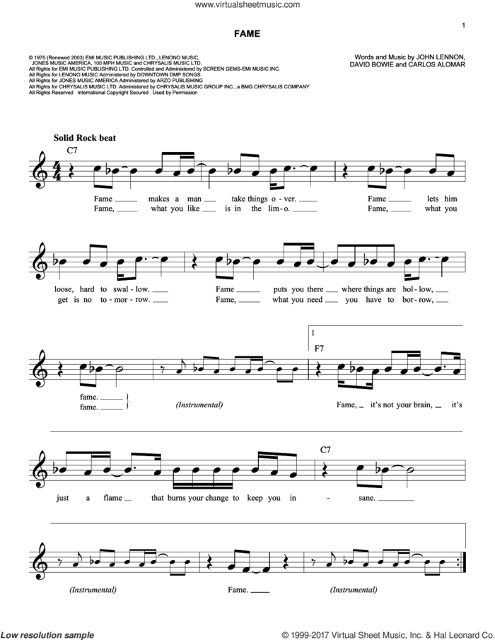 Fame sheet music for voice and other instruments (fake book) by David Bowie, Carlos Alomar and John Lennon, intermediate skill level