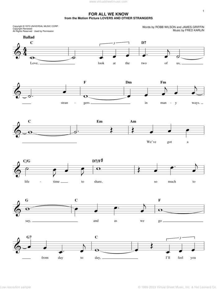 For All We Know sheet music for voice and other instruments (fake book) by Carpenters, Fred Karlin, James Griffin and Robb Wilson, intermediate skill level