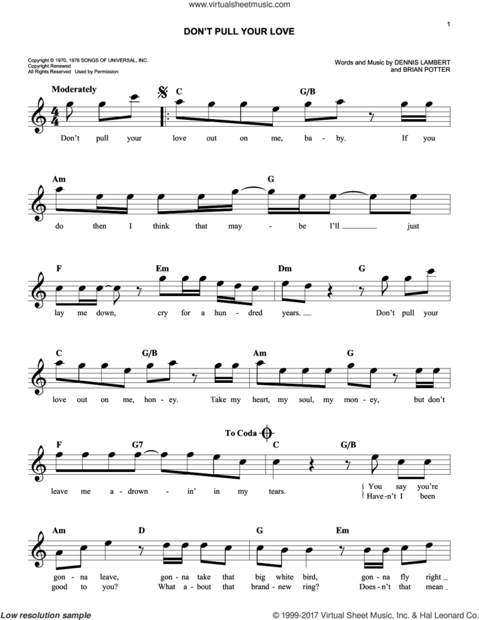 Don't Pull Your Love sheet music for voice and other instruments (fake book) by Hamilton, Joe Frank & Reynolds, Brian Potter and Dennis Lambert, easy skill level