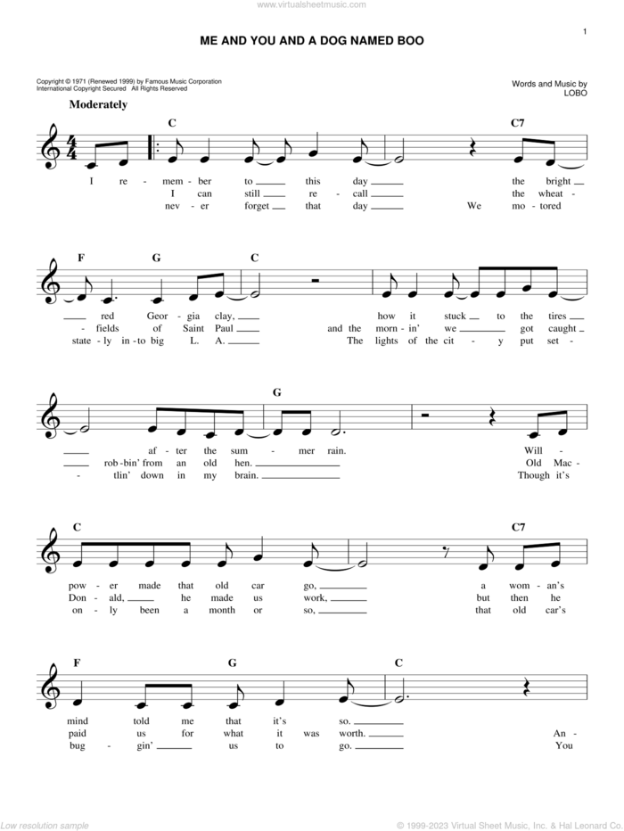 Me And You And A Dog Named Boo sheet music for voice and other instruments (fake book) by Lobo, easy skill level