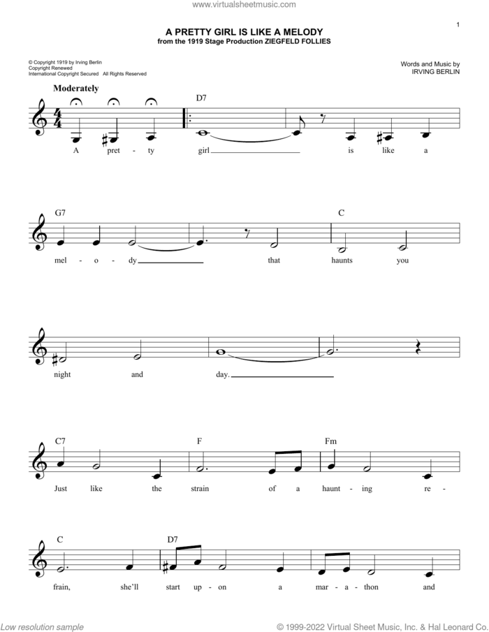 A Pretty Girl Is Like A Melody sheet music for voice and other instruments (fake book) by Irving Berlin, easy skill level