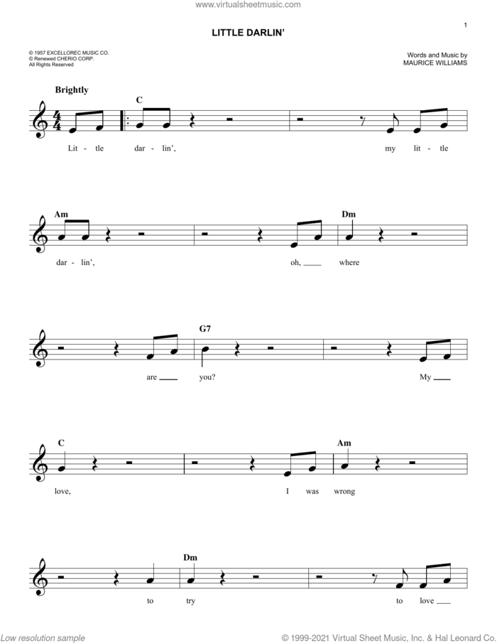 Little Darlin' sheet music for voice and other instruments (fake book) by The Diamonds and Maurice Williams, easy skill level