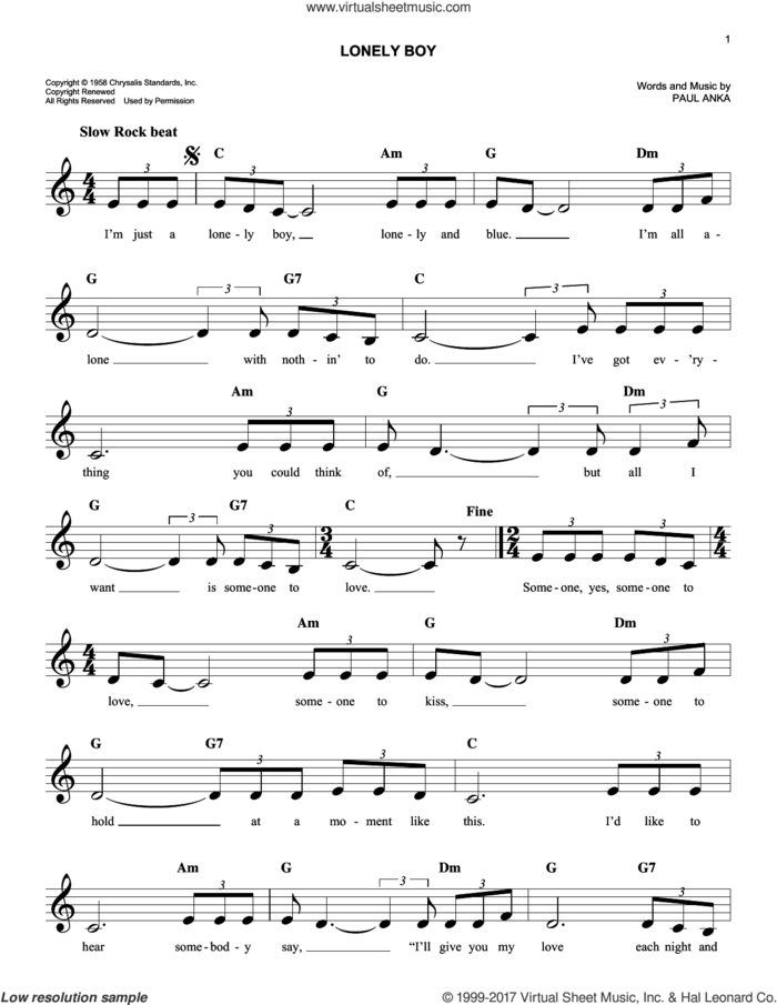 Lonely Boy sheet music for voice and other instruments (fake book) by Paul Anka, easy skill level