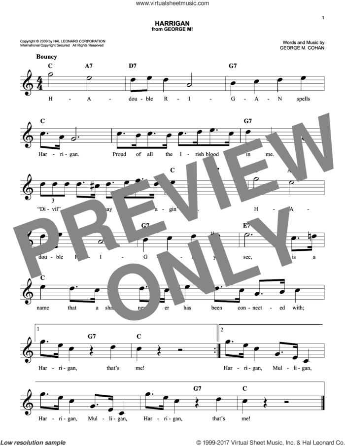 Harrigan sheet music for voice and other instruments (fake book) by George M. Cohan, easy skill level