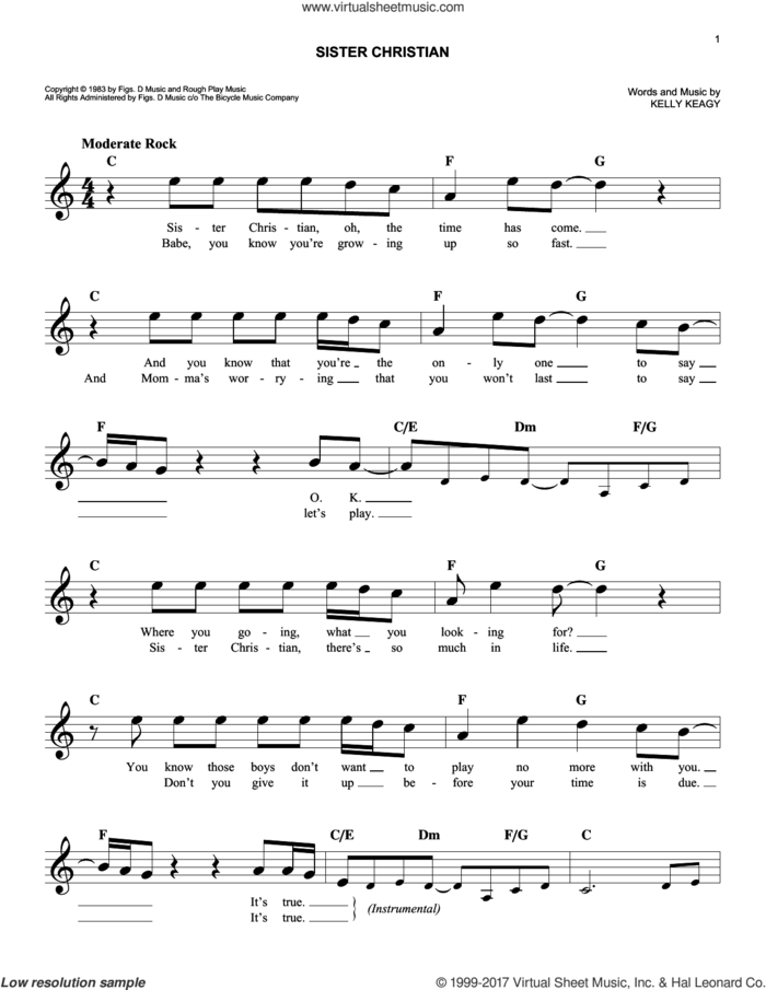 Sister Christian sheet music for voice and other instruments (fake book) by Night Ranger and Kelly Keagy, intermediate skill level