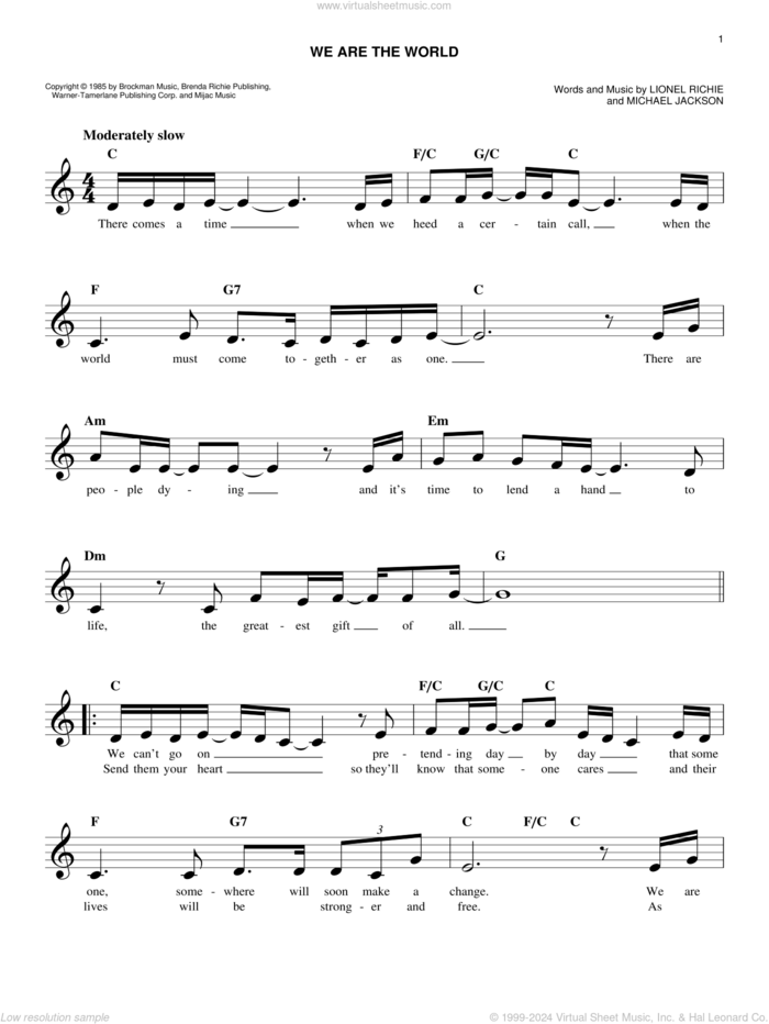 We Are The World sheet music for voice and other instruments (fake book) by USA For Africa, Lionel Richie and Michael Jackson, easy skill level
