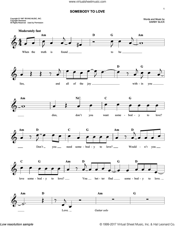 Somebody To Love sheet music for voice and other instruments (fake book) by Jefferson Airplane and Darby Slick, easy skill level