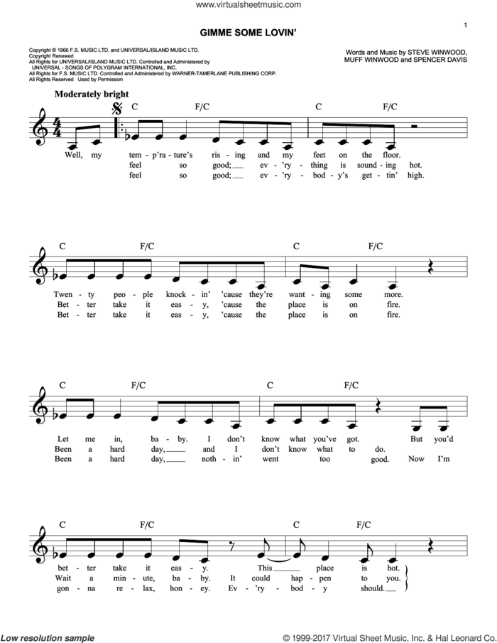 Gimme Some Lovin' sheet music for voice and other instruments (fake book) by The Spencer Davis Group, Muff Winwood, Spencer Davis and Steve Winwood, easy skill level