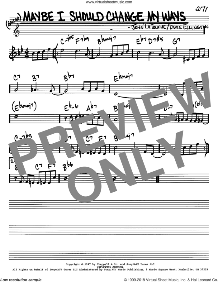 Maybe I Should Change My Ways sheet music for voice and other instruments (in C) by Duke Ellington and John Latouche, intermediate skill level