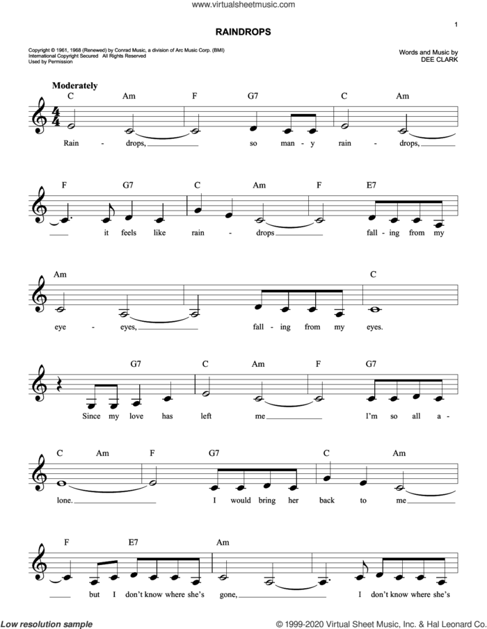 Raindrops sheet music for voice and other instruments (fake book) by Dee Clark, easy skill level