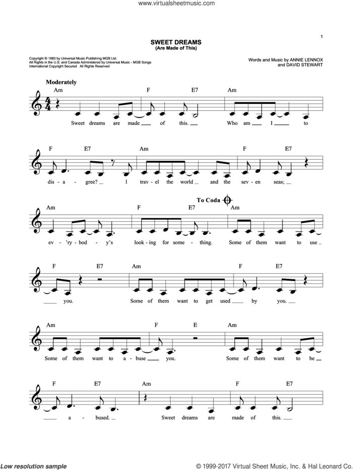 Sweet Dreams (Are Made Of This) sheet music for voice and other instruments (fake book) by Eurythmics, Annie Lennox and Dave Stewart, easy skill level