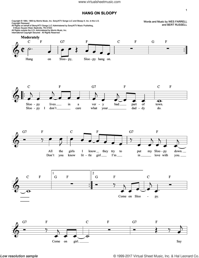Hang On Sloopy sheet music for voice and other instruments (fake book) by The McCoys, Bert Russell and Wes Farrell, intermediate skill level