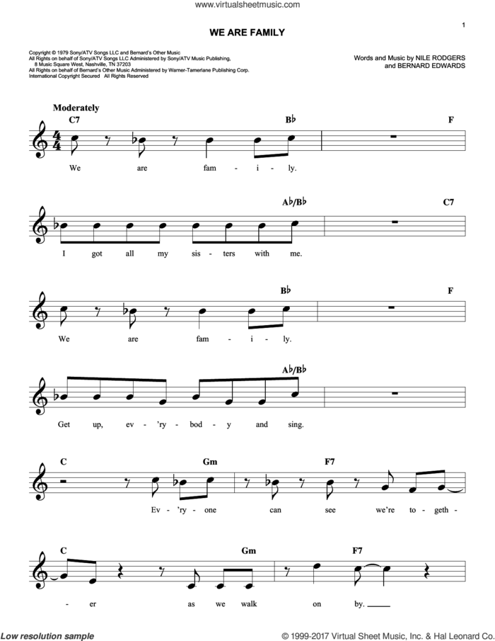 We Are Family sheet music for voice and other instruments (fake book) by Sister Sledge, Bernard Edwards and Nile Rodgers, easy skill level