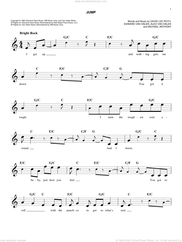 Jump sheet music for voice and other instruments (fake book) by Edward Van Halen, Alex Van Halen and David Lee Roth, intermediate skill level