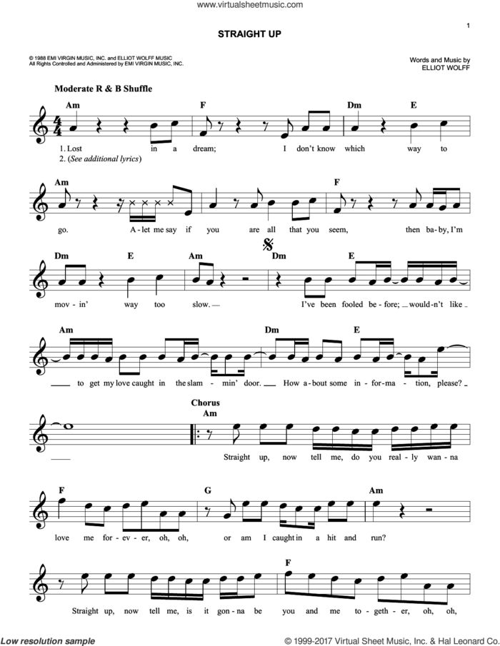 Straight Up sheet music for voice and other instruments (fake book) by Paula Abdul and Elliot Wolff, easy skill level