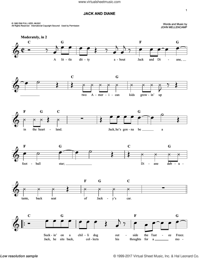 Jack And Diane sheet music for voice and other instruments (fake book) by John Mellencamp, easy skill level