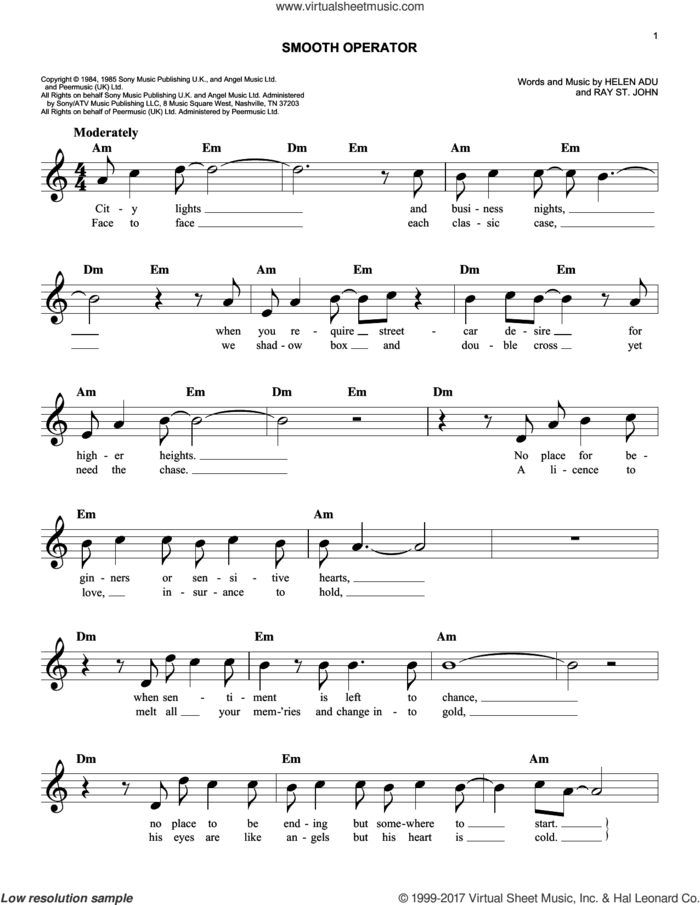 Smooth Operator sheet music for voice and other instruments (fake book) by Sade, Helen Adu and Ray St. John, easy skill level