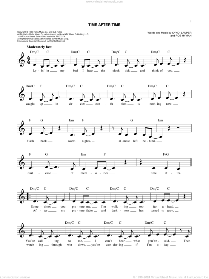 Time After Time sheet music for voice and other instruments (fake book) by Cyndi Lauper, Inoj, Javier Colon and Rob Hyman, easy skill level