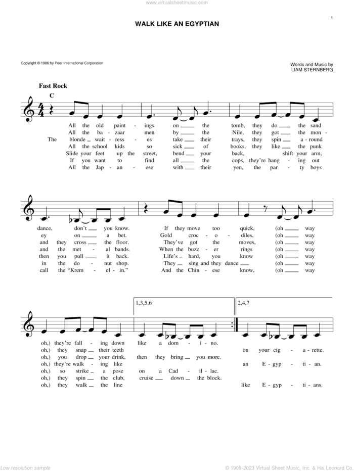 Walk Like An Egyptian sheet music for voice and other instruments (fake book) by The Bangles and Liam Sternberg, intermediate skill level