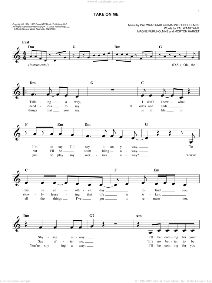 Take On Me sheet music for voice and other instruments (fake book) by a-ha, Magne Furuholmne, Morton Harket and Pal Waaktaar, intermediate skill level