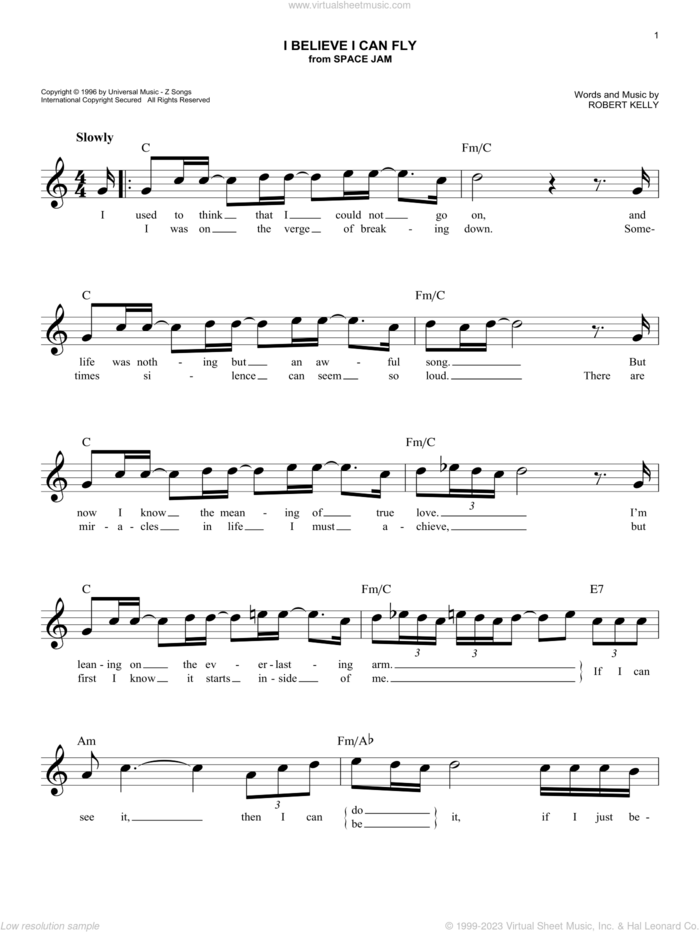 I Believe I Can Fly sheet music for voice and other instruments (fake book) by Robert Kelly and Jermaine Paul, easy skill level