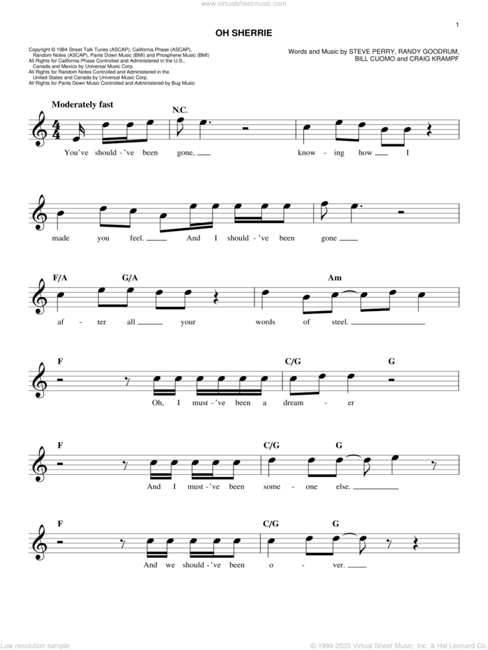 Oh Sherrie sheet music for voice and other instruments (fake book) by Steve Perry, Bill Cuomo, Craig Krampf and Randy Goodrum, easy skill level