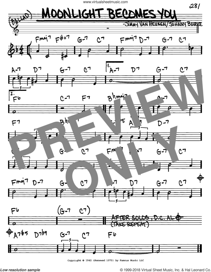 Moonlight Becomes You sheet music for voice and other instruments (in C) by Bing Crosby, Jimmy van Heusen and John Burke, intermediate skill level