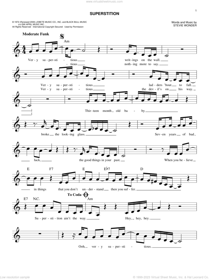 Superstition sheet music for voice and other instruments (fake book) by Stevie Wonder, intermediate skill level