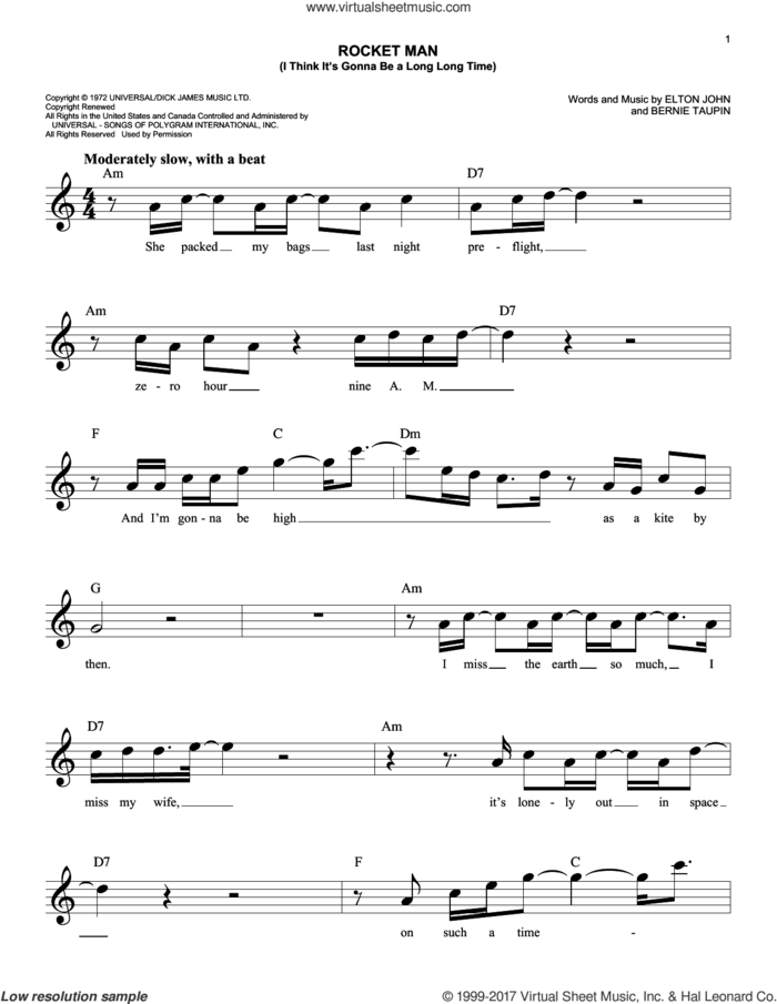 Rocket Man (I Think It's Gonna Be A Long Long Time) sheet music for voice and other instruments (fake book) by Elton John and Bernie Taupin, easy skill level