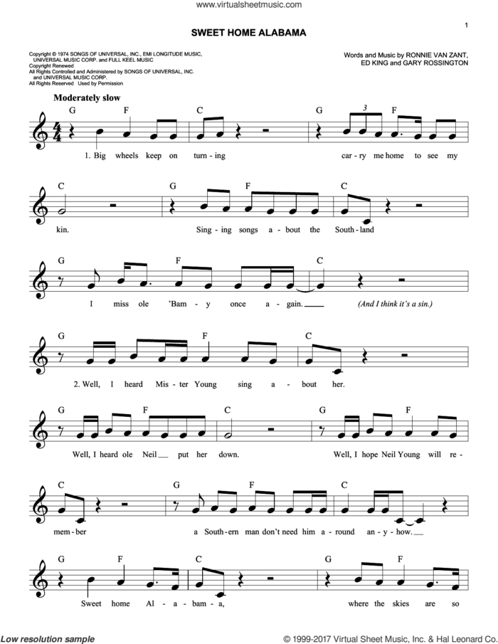 Sweet Home Alabama sheet music for voice and other instruments (fake book) by Lynyrd Skynyrd, Edward King, Gary Rossington and Ronnie Van Zant, easy skill level