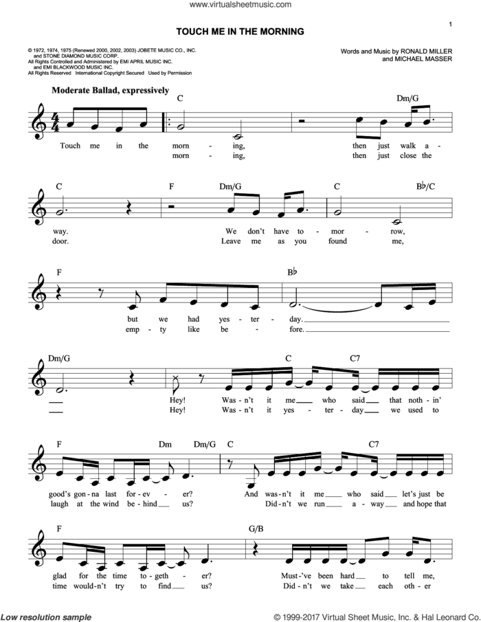 Touch Me In The Morning sheet music for voice and other instruments (fake book) by Diana Ross, Michael Masser and Ron Miller, easy skill level