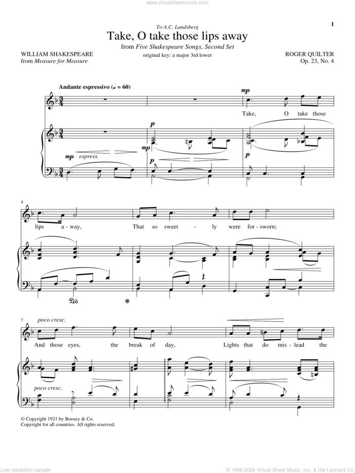 Take, O Take Those Lips Away, Op. 23, No. 4 sheet music for voice and piano (Tenor) by William Shakespeare and Roger Quilter, classical score, intermediate skill level