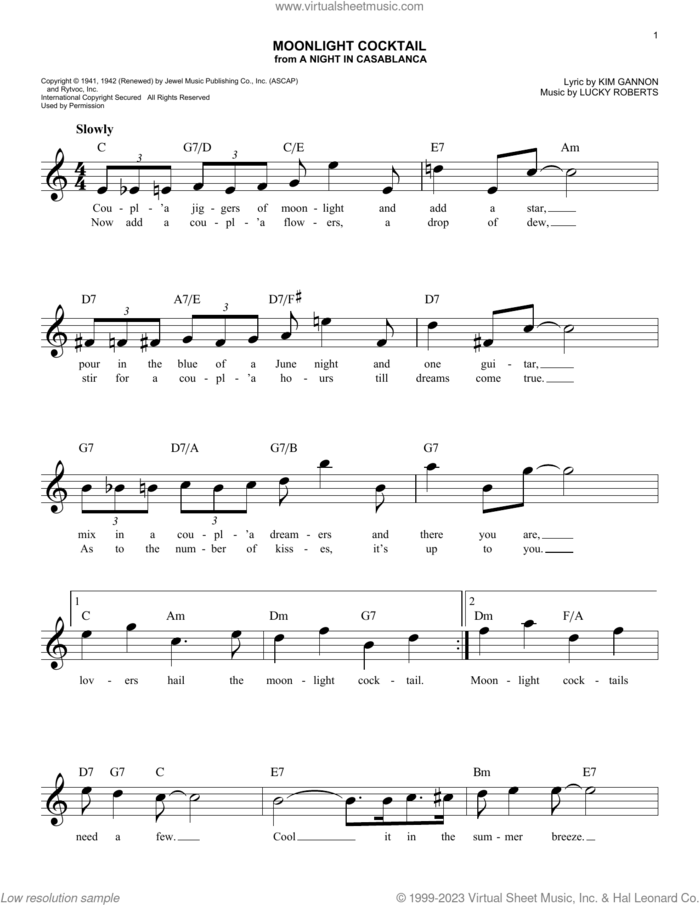 Moonlight Cocktail sheet music for voice and other instruments (fake book) by Lucky Roberts and Kim Gannon, easy skill level