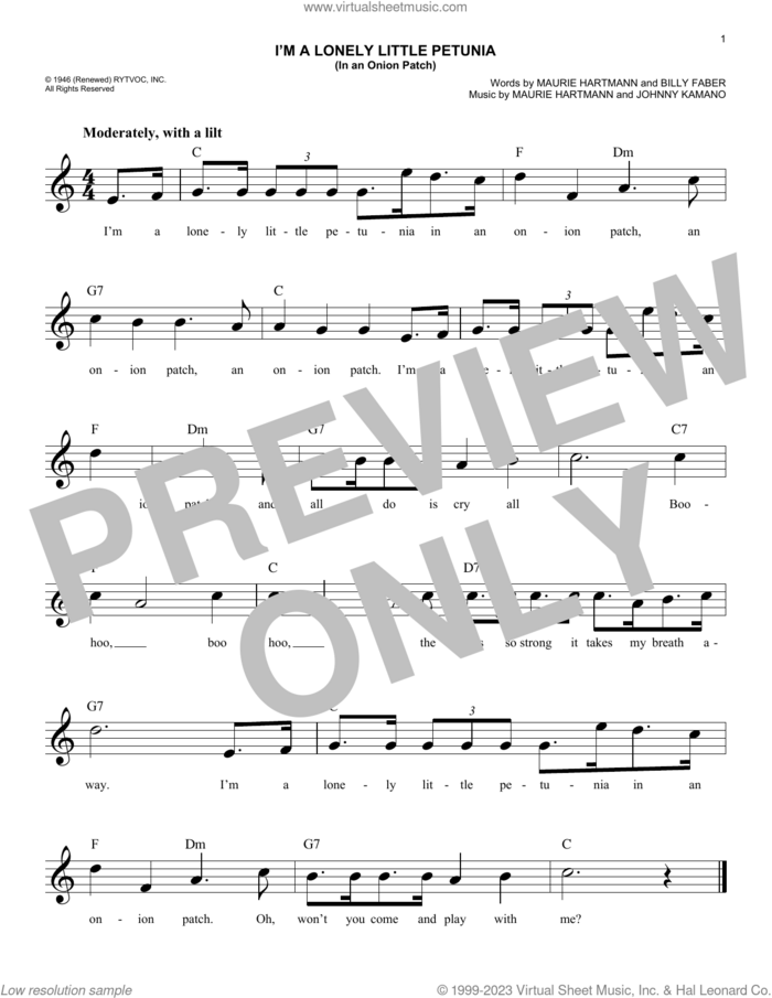 I'm A Lonely Little Petunia (In An Onion Patch) sheet music for voice and other instruments (fake book) by Billy Faber, Johnny Kamano and Maurie Hartmann, easy skill level