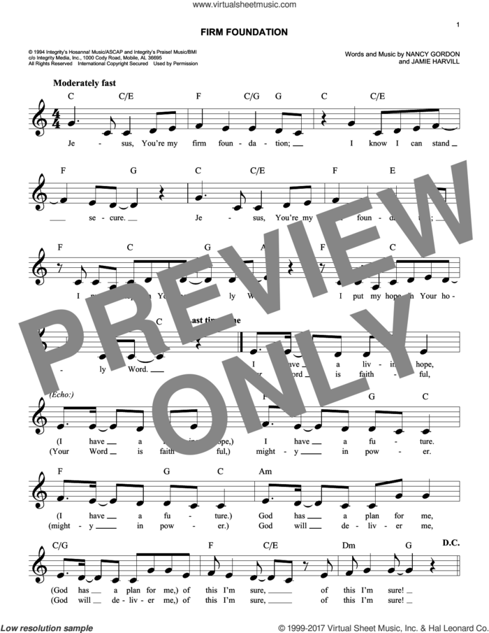 Firm Foundation sheet music for voice and other instruments (fake book) by Jamie Harvill and Nancy Gordon, easy skill level