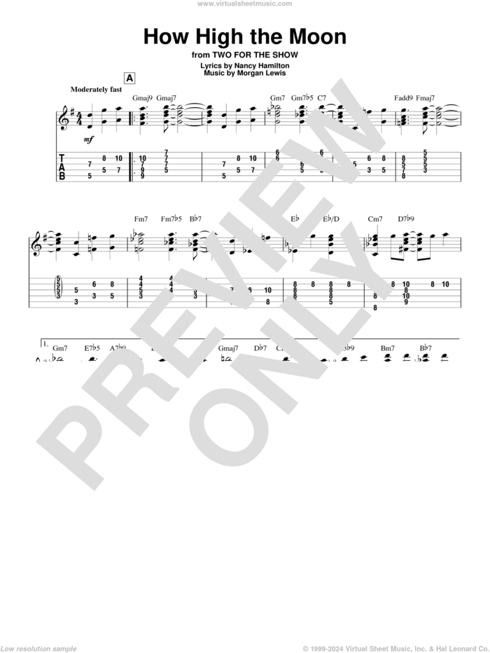 How High The Moon sheet music for guitar solo by Les Paul & Mary Ford, Morgan Lewis and Nancy Hamilton, intermediate skill level