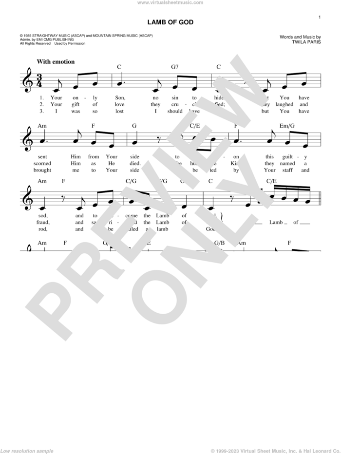 Lamb Of God sheet music for voice and other instruments (fake book) by Twila Paris, intermediate skill level