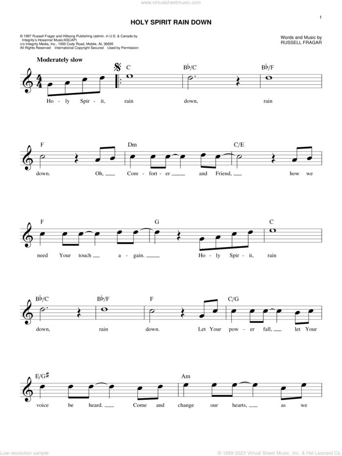 Holy Spirit Rain Down sheet music for voice and other instruments (fake book) by Russell Fragar, intermediate skill level