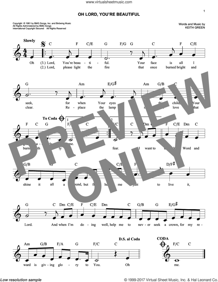 O Lord, You're Beautiful sheet music for voice and other instruments (fake book) by Keith Green and Rebecca St. James, easy skill level